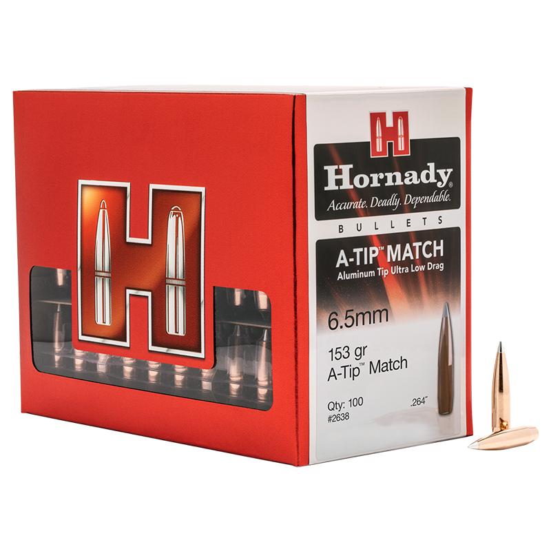 Hornady A-Tip Match Bullets 264 Calibre, 6.5MM (0.264" diameter) 153 Grain Aluminium Tip 50/Box