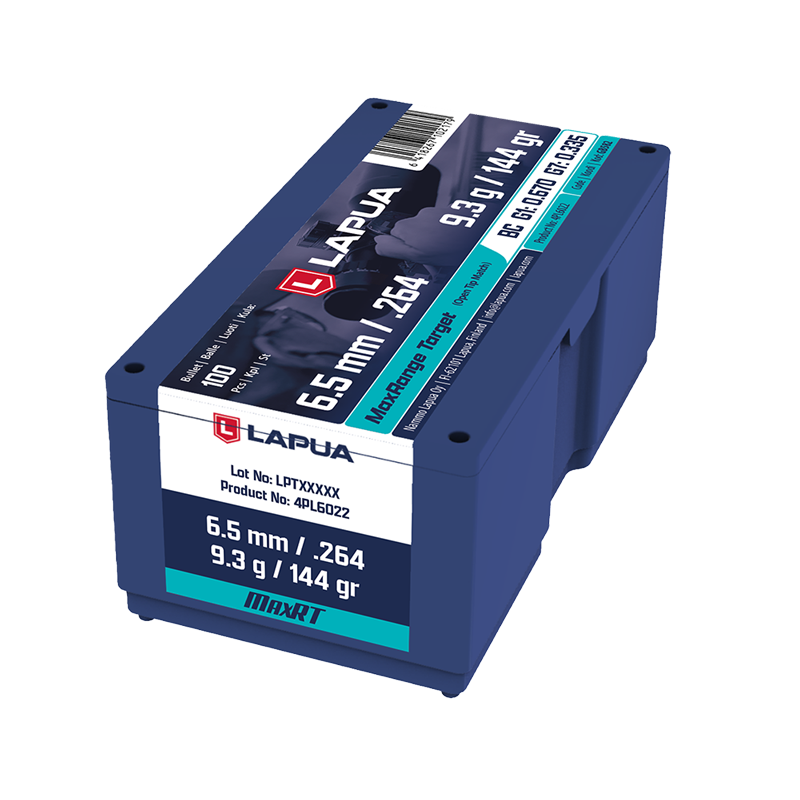 Lapua MaxRange Target Bullets 26 Calibre, 6.5MM (0.264" diameter) 144 Grain (GB582) Jacketed Hollow Point Boat Tail, 100/Box