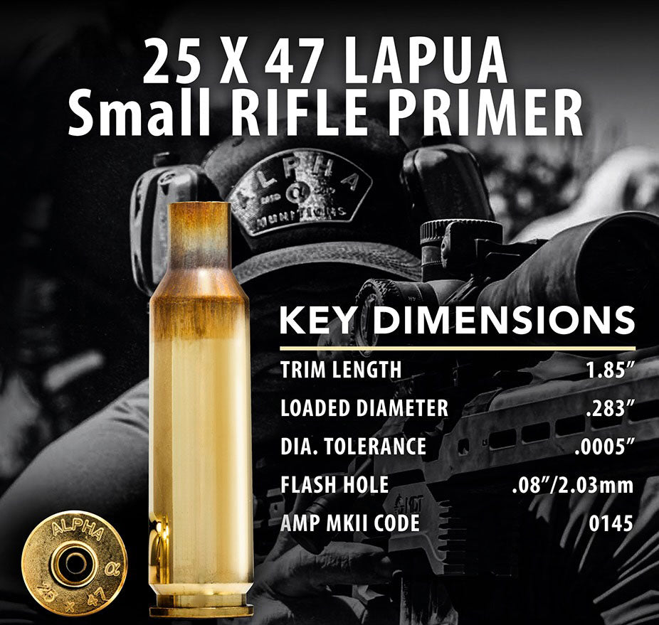 Alpha Munitions Brass 25x47 Lapua (SR Primer) Unprimed 100/Box ** Special Order