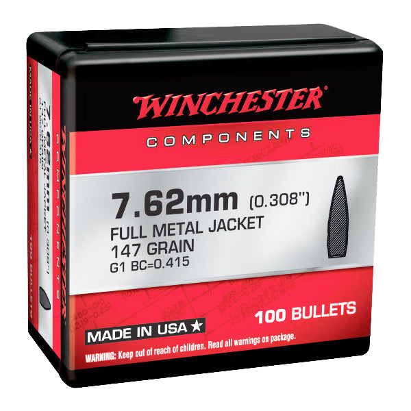 Winchester Bullets 30 Calibre (308 Diameter) 147 Grain Full Metal Jacket Boat Tail 100/Bag