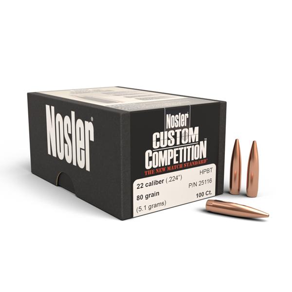 Nosler Custom Competition Bullets 22 Calibre (0.224" diameter) 80 Grain Hollow Point Boat Tail