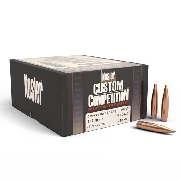 Nosler Custom Competition Bullets 243 Calibre, 6mm (0.243" diameter) 107 Grain Hollow Point Boat Tail