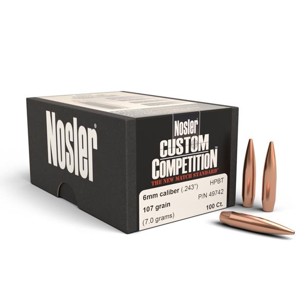 Nosler Custom Competition Bullets 243 Calibre, 6mm (0.243" diameter) 107 Grain Hollow Point Boat Tail