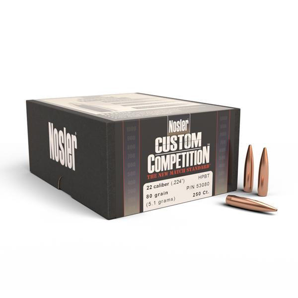 Nosler Custom Competition Bullets 22 Calibre (0.224" diameter) 80 Grain Hollow Point Boat Tail