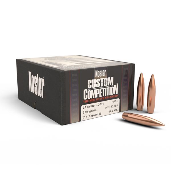 Nosler Custom Competition Bullets 30 Calibre (0.308" diameter) 220 Grain Hollow Point Boat Tail 100/Box