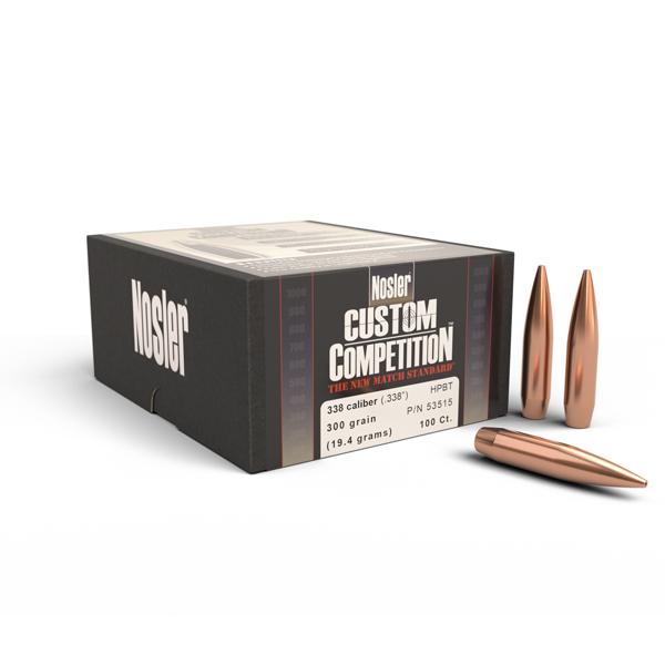 Nosler Custom Competition Bullets 338 Calibre (0.338" diameter) 300 Grain Hollow Point Boat Tail 100/Box