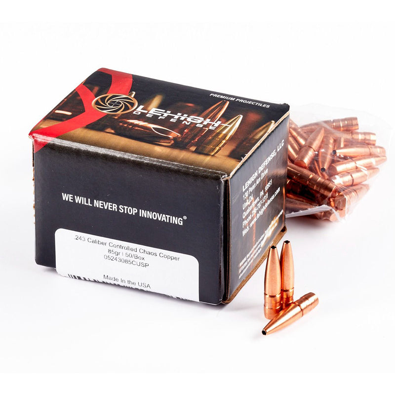 Lehigh Controlled Chaos Bullets .243 Calibre, 6mm (0.243" diameter) 85 Grain Hollow Point Boat Tail 50/Box