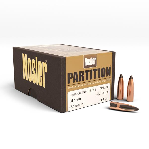 Nosler Partition Bullets 243 Calibre, 6mm (0.243" diameter) 85 Grain Spitzer 50/Box