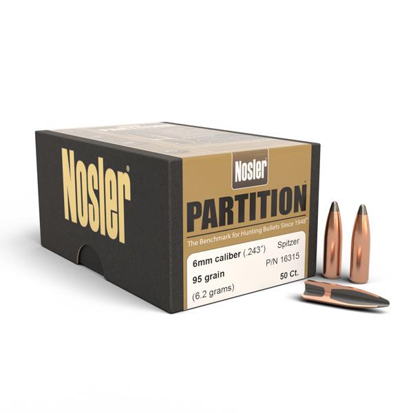 Nosler Partition Bullets 243 Calibre, 6mm (0.243" diameter) 95 Grain Spitzer 50/Box