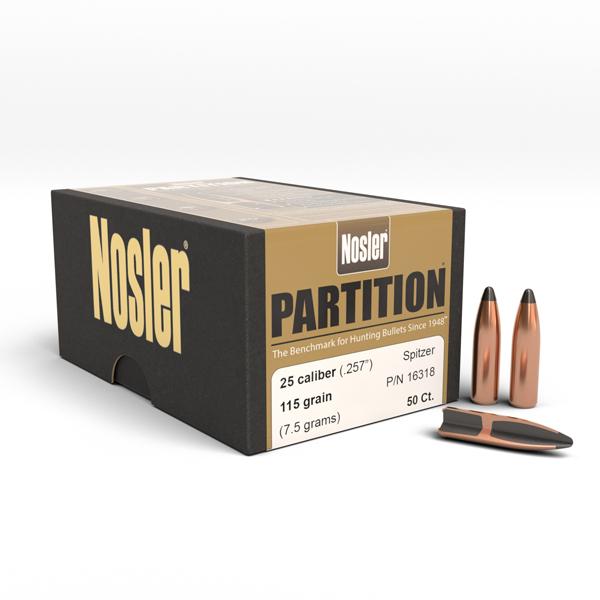 Nosler Partition Bullets 25 Calibre (0.257" diameter) 115 Grain Spitzer 50/Box