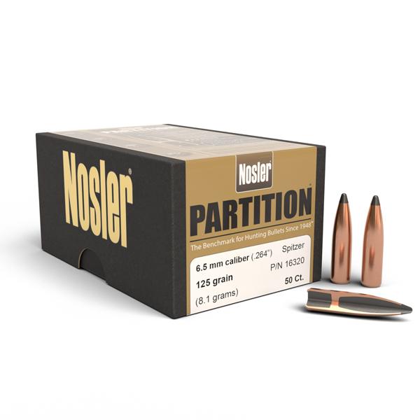 Nosler Partition Bullets 26 Calibre, 6.5MM (0.264" diameter) 125 Grain Spitzer 50/Box