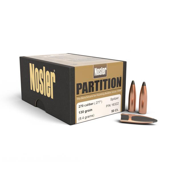 Nosler Partition Bullets 270 Calibre (0.277" diameter) 130 Grain Spitzer 50/Box