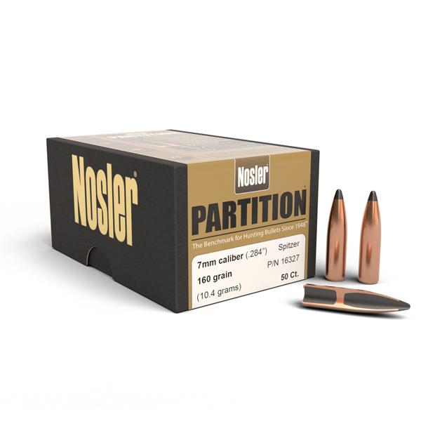 Nosler Partition Bullets 28 Calibre, 7MM (0.284" diameter) 160 Grain Spitzer 50/Box
