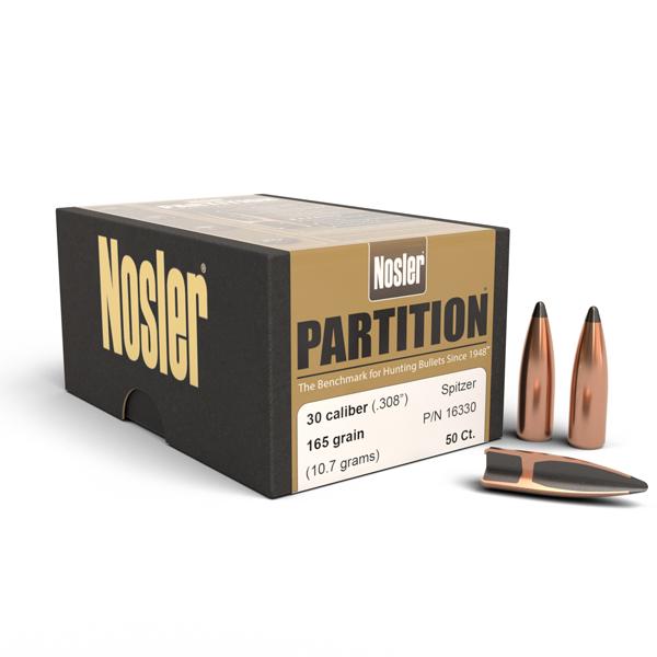 Nosler Partition Bullets 30 Calibre (0.308" diameter) 165 Grain Spitzer 50/Box