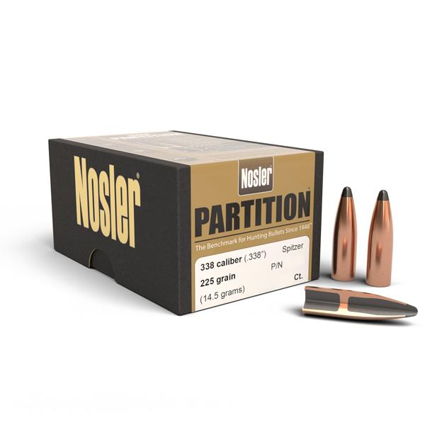 Nosler Partition Bullets 338 Calibre (0.338" diameter) 225 Grain Spitzer 25/Box