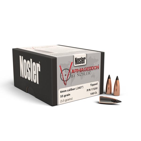 Nosler Varmageddon Bullets 243 Calibre, 6mm (0.243" diameter) 55 Grain Tipped Flat Base 100/Box