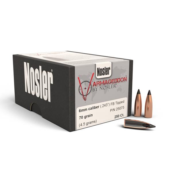 Nosler Varmageddon Bullets 243 Calibre, 6mm (0.243" diameter) 70 Grain Tipped Flat Base 250/Box