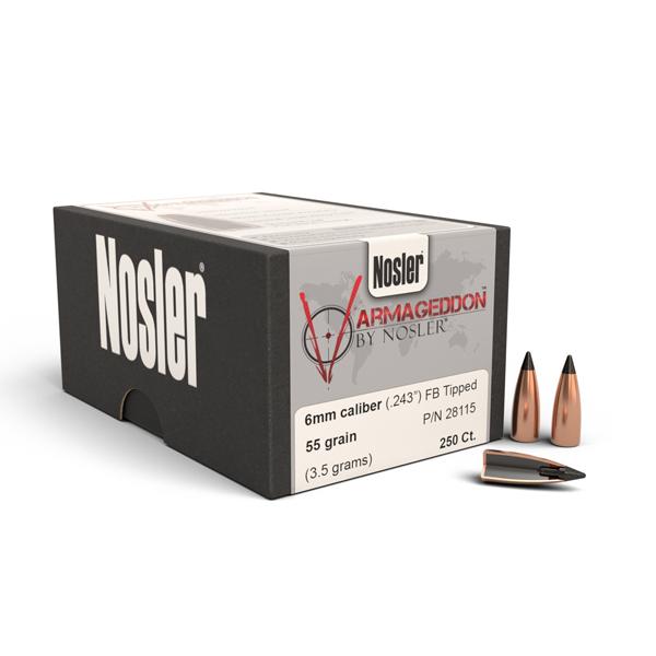 Nosler Varmageddon Bullets 243 Calibre, 6mm (0.243" diameter) 55 Grain Tipped Flat Base 250/Box