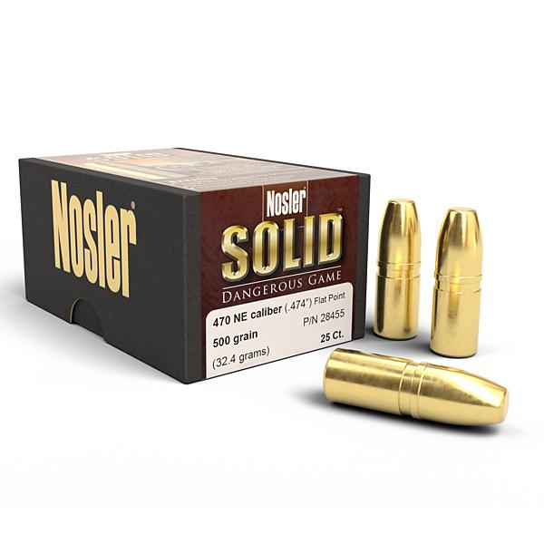 Nosler Solid Bullets 470 Nitro (0.475" diameter) 500 Grain Flat Nose Flat Base Lead-Free 25/Box