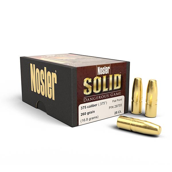 Nosler Solid Bullets 375 Calibre (0.375" diameter) 260 Grain Flat Nose Flat Base Lead-Free 25/Box