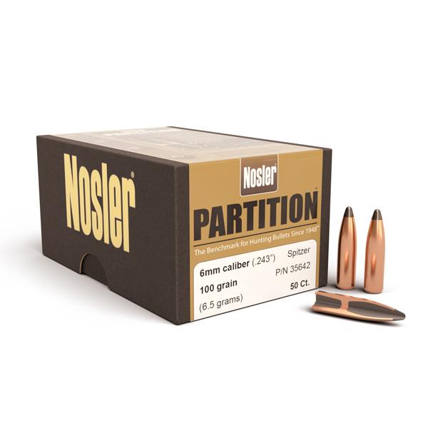 Nosler Partition Bullets 243 Calibre, 6mm (0.243" diameter) 100 Grain Spitzer 50/Box