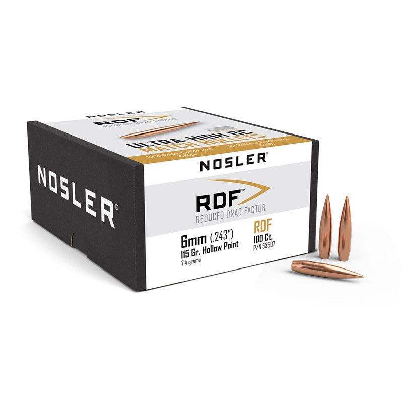 Nosler RDF Bullets 243 Calibre, 6mm (0.243" diameter) 115 Grain Hollow Point Boat Tail