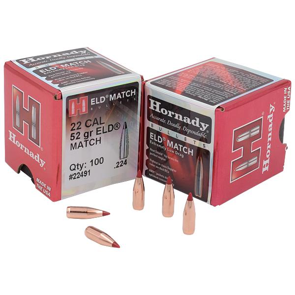 Hornady ELD Match Bullets 22 Calibre (0.224" diameter) 52 Grain Polymer Boat Tail 100/Box