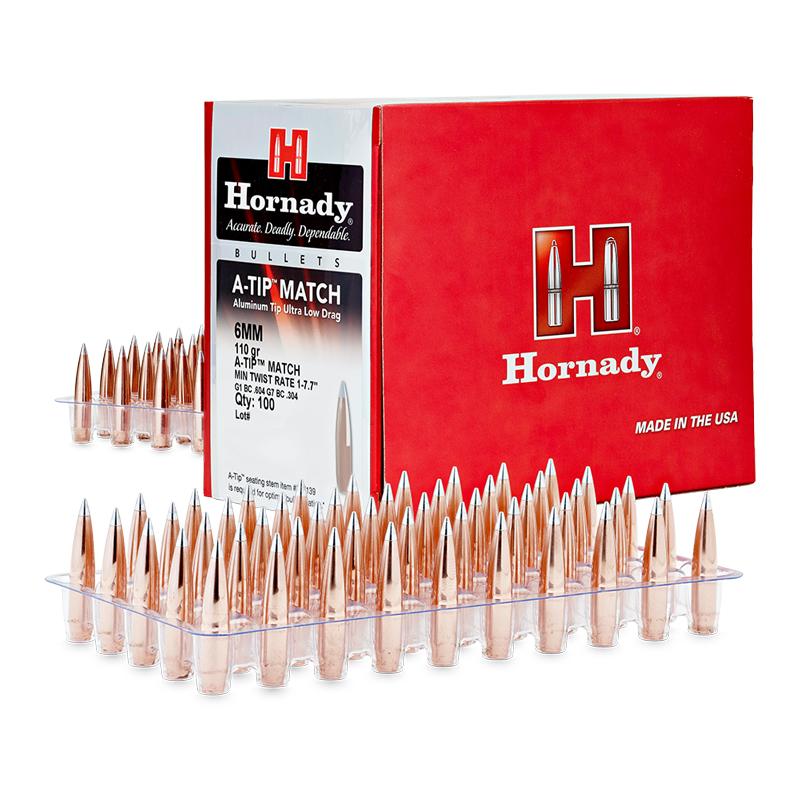 Hornady A-Tip Match Bullets 243 Calibre, 6MM (0.243" diameter) 110 Grain Aluminium Tip  50/Box