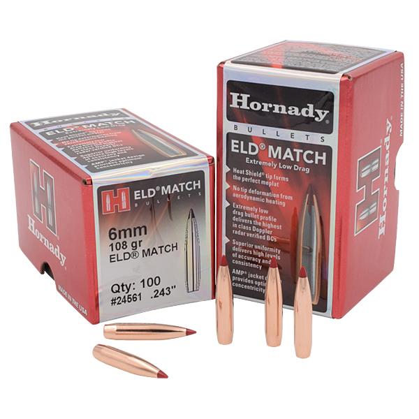 Hornady ELD Match Bullets 6MM (0.243" diameter) 108 Grain Polymer Tip 100/Box  Twist 1-8in