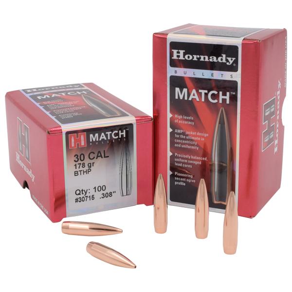 Hornady Match&trade; Bullets 30 Calibre (0.308" diameter) 178 Grain, Boat Tail Hollow Point 100/Box