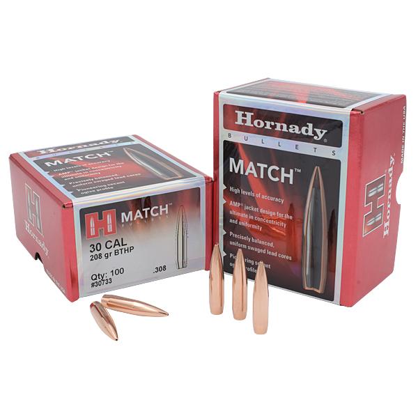 Hornady Match&trade; Bullets 30 Calibre (0.308" diameter) 208 Grain, Hollow Point Boat Tail 100/Box