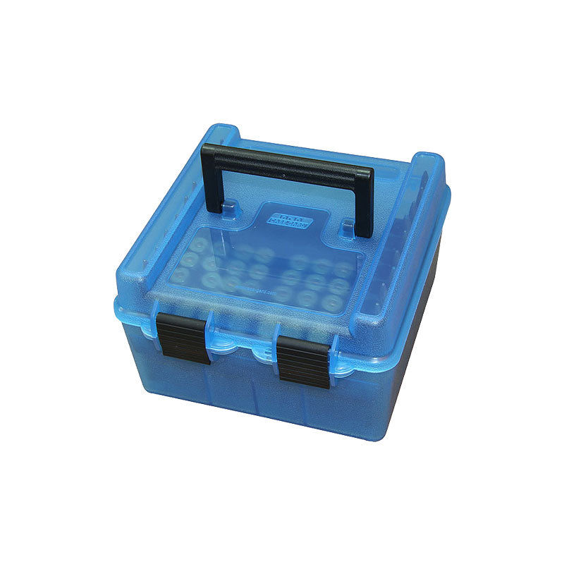 MTM Rifle R-100 Series Deluxe 100 Round Flip-Top Plastic Ammo Box with Handle, 22-250 Remington to 375 H&H Magnum