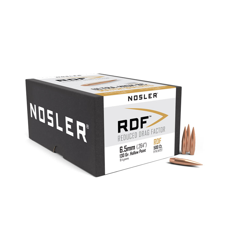 Nosler RDF Bullets 26 Calibre, 6.5MM (0.264" diameter) 130 Grain Hollow Point Boat Tail