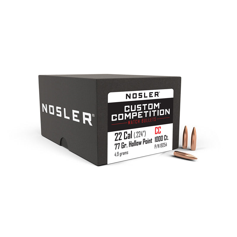 Nosler Custom Competition Bullets 22 Calibre (0.224" diameter) 77 Grain Hollow Point Boat Tail