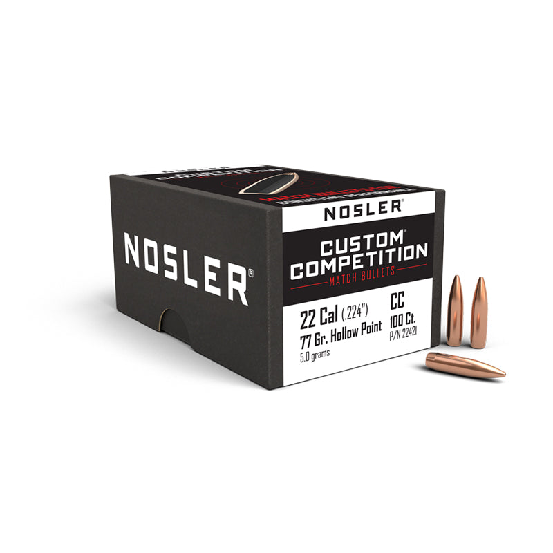 Nosler Custom Competition Bullets 22 Calibre (0.224" diameter) 77 Grain Hollow Point Boat Tail