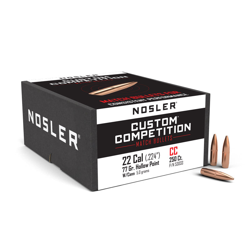 Nosler Custom Competition Bullets 22 Calibre (0.224" diameter) 77 Grain Cannelure Hollow Point Boat Tail 250/Box