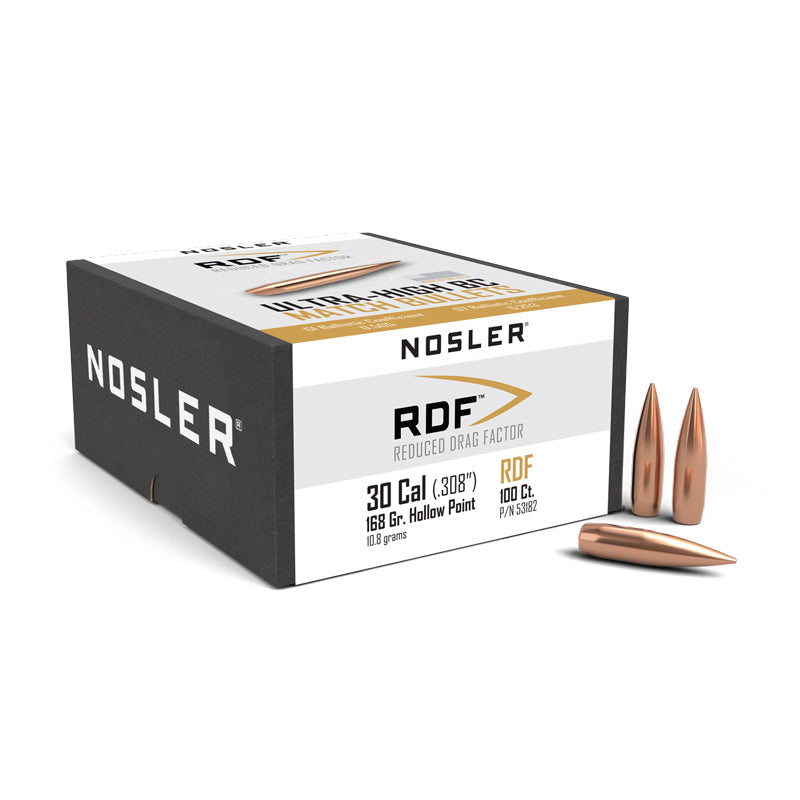 Nosler RDF Bullets 30 Calibre (0.308" diameter) 168 Grain Hollow Point Boat Tail 100/Box