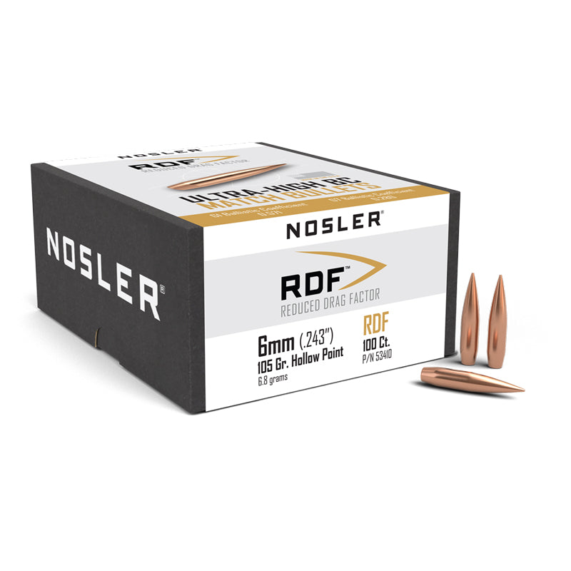 Nosler RDF Bullets 243 Calibre, 6mm (0.243" diameter) 105 Grain Hollow Point Boat Tail