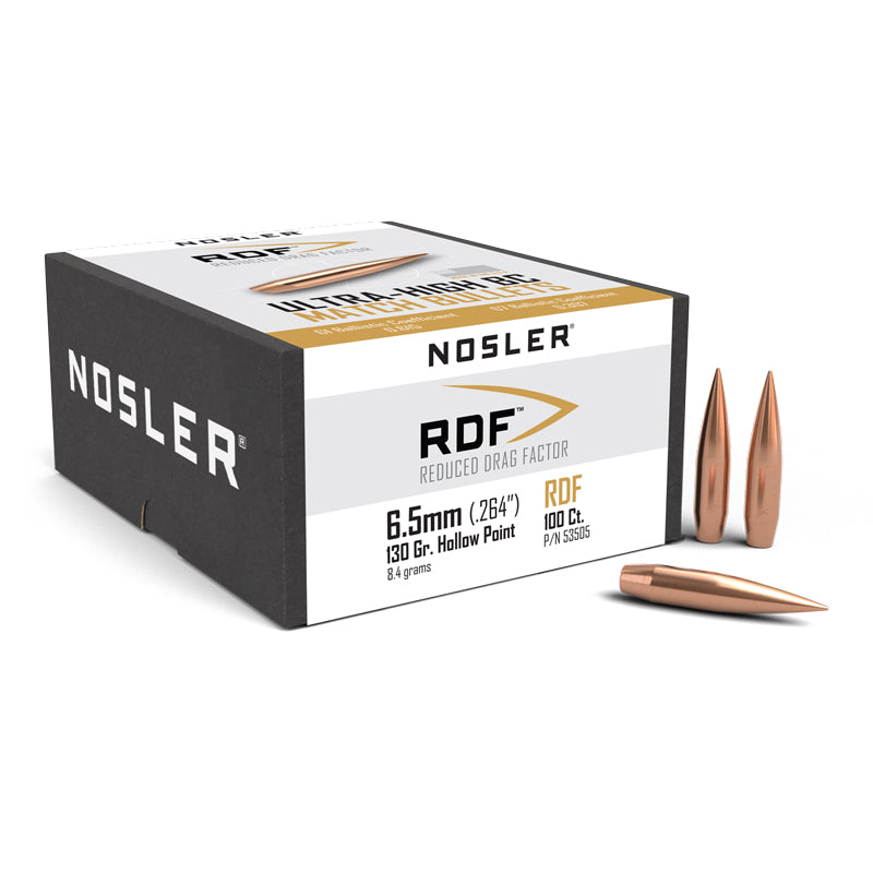 Nosler RDF Bullets 26 Calibre, 6.5MM (0.264" diameter) 130 Grain Hollow Point Boat Tail
